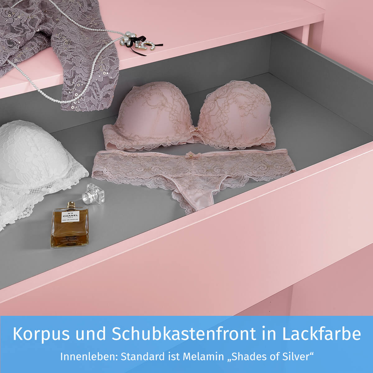 Korpus und Schubkastenfront in Lackfarbe Korpus und Schubkastenfront in Lackfarbe